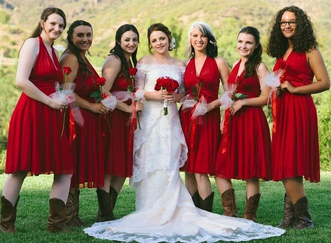 long bridesmaid dress with cowboy boots