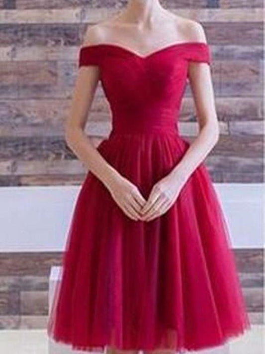 Shiny Red Tulle Off the Shoulder Tea Length Prom Dress, Off Shoulder R –  abcprom