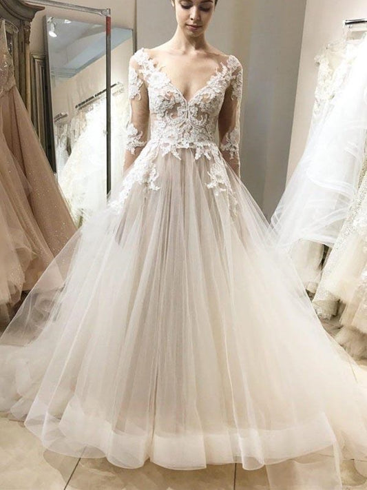 Open Back Plunge V neck Tulle Fall Wedding Dress Ball Gown with