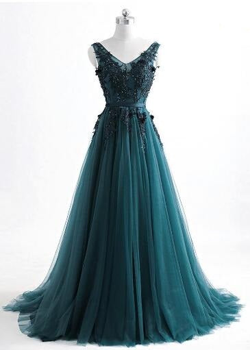 Romantic V Neck Green Lace Appliques Tulle Long Prom Dressgdc1204 