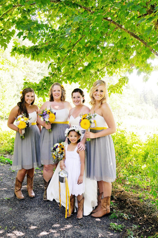 Halter Yellow Mini Short Length Satin Rustic Country Bridesmaid Dresses  with Cowboy Boots