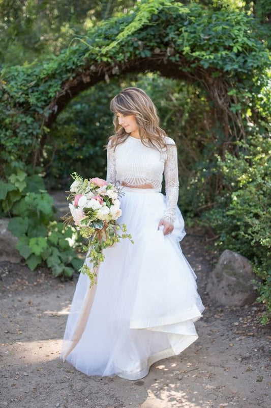 Unique Lace Cap Sleeves Crop Top Bridal Separates Two Piece Wedding Dress  with Tulle Skirt