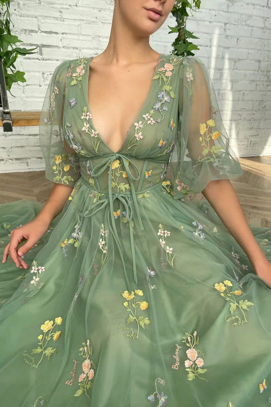 Sage Green Tea Length Lace Corset Wedding Guest Dress Prom Dress