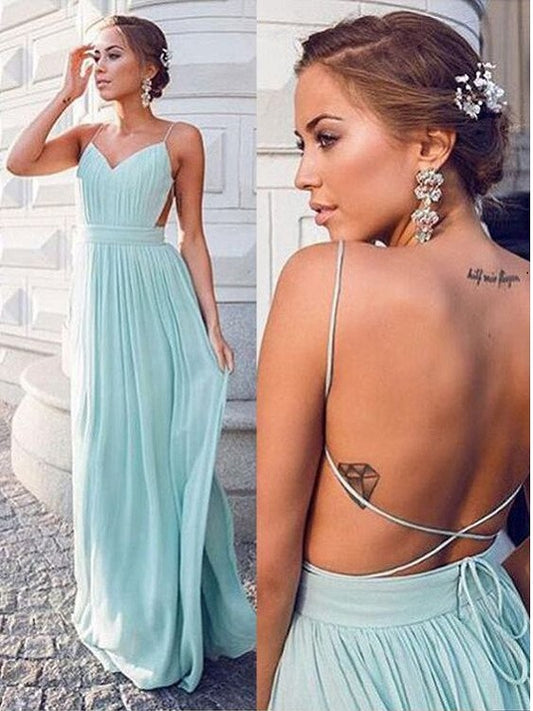 Simple Blue Spaghetti Straps Backless A-Line Prom Dresses,BD930673