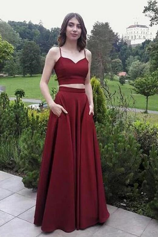 Simple Burgundy Two Piece Spaghetti Straps Long Prom Dress With Pockets