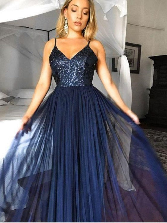 Simple Tulle Navy Blue Spaghetti Straps Prom Dress,Formal Party Evenin ...