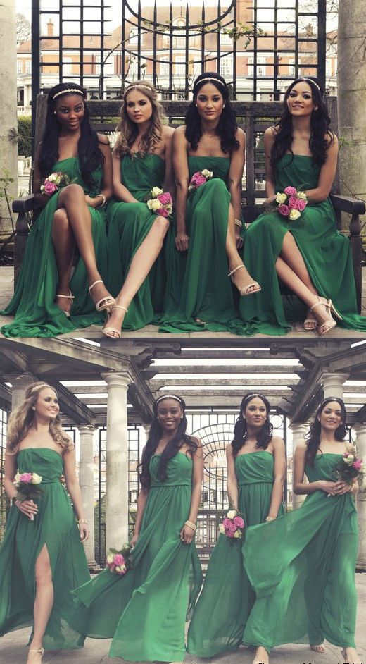 Strapless Emerald Green Bridesmaid Dress With Side Slit Flowing Chiffon Bridesmaid Dress 9053