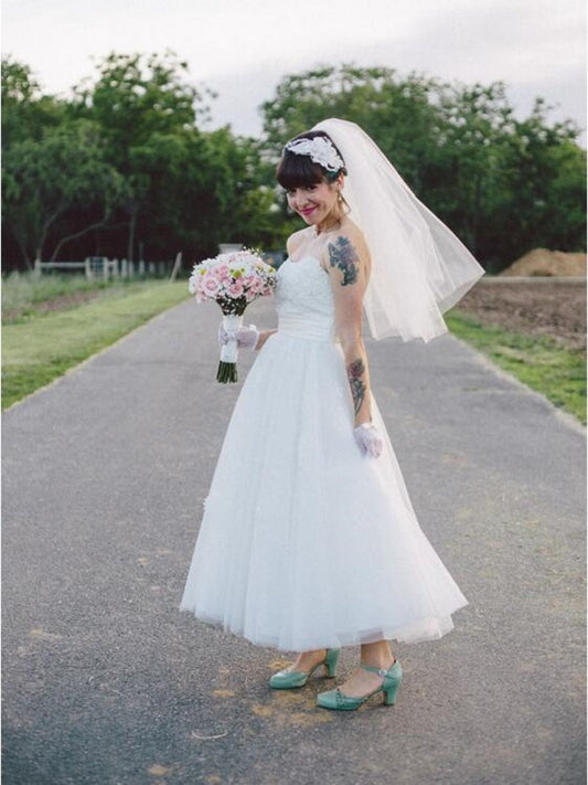 Retro inspired Long Sleeved Lace Wedding Dress Tea Length