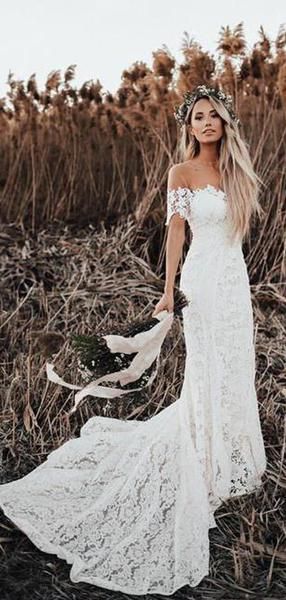 Stunning Country Lace Mermaid Off Shoulder Wedding Dress Rustic Weddin Dolly Gown 2949