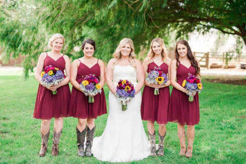 burgundy bridesmaid dresses with cowboy boots