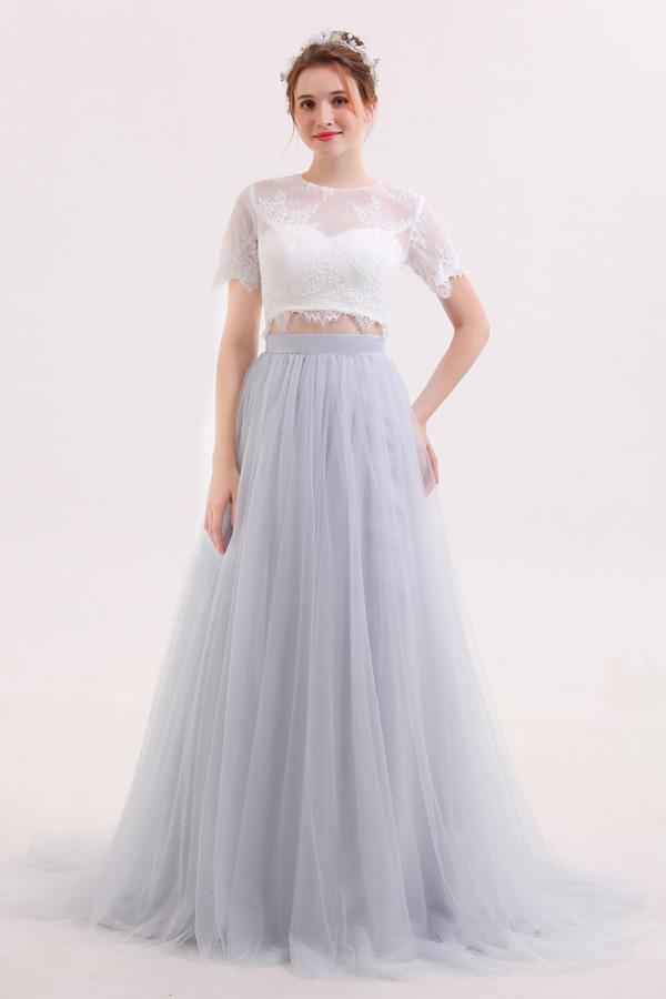Two Piece Long Tulle Skirt Wedding Dress with Lace Crop Top,GDC1215