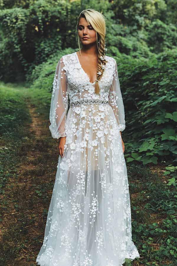 Unique Boho See Through A Line Rustic Country Wedding Dress