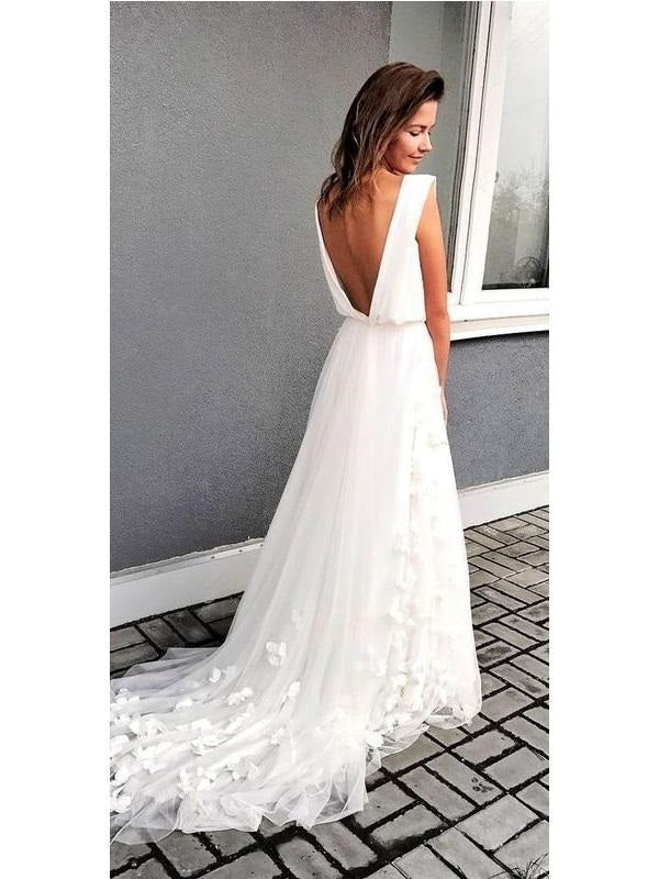 V Back Boho Chiffon Beach Wedding Dress A Line Bridal Gown Gdc1225