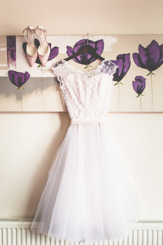 White Polka Dot Flowy Short Wedding Reception Dress