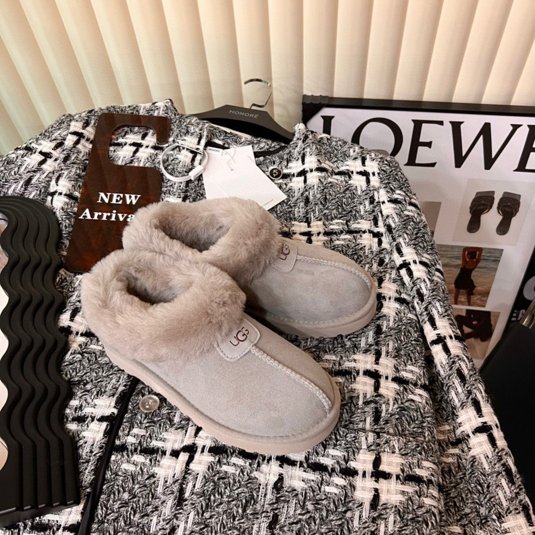 UGG Leather and fur integrated snow boots warm wrap one foot thick soled low top casual woolen shoes