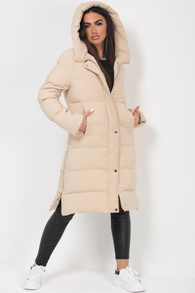 Women's Long Puffer Padded Hooded Coat With Side Zip Beige – Styledup.co.uk