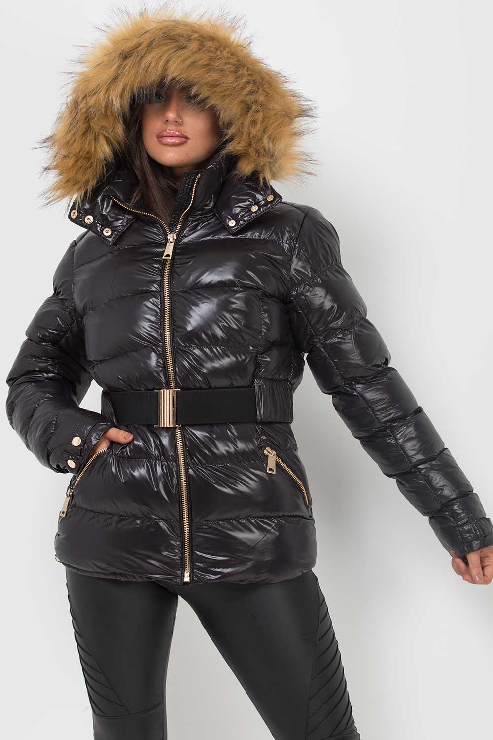 Women's Shiny Puffer Belted Jacket With Faux Fur Hood – Styledup.co.uk