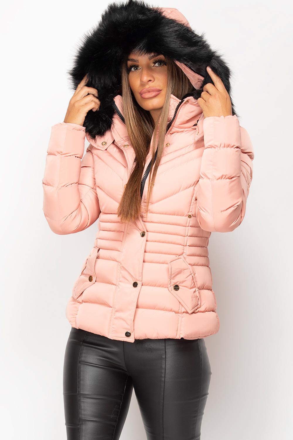 Womens Pink Puffer Coat With Big Faux 