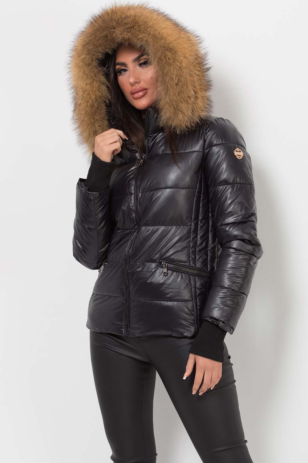 Women's Black Puffer Jacket With Real Raccoon Fur Hood – Styledup.co.uk