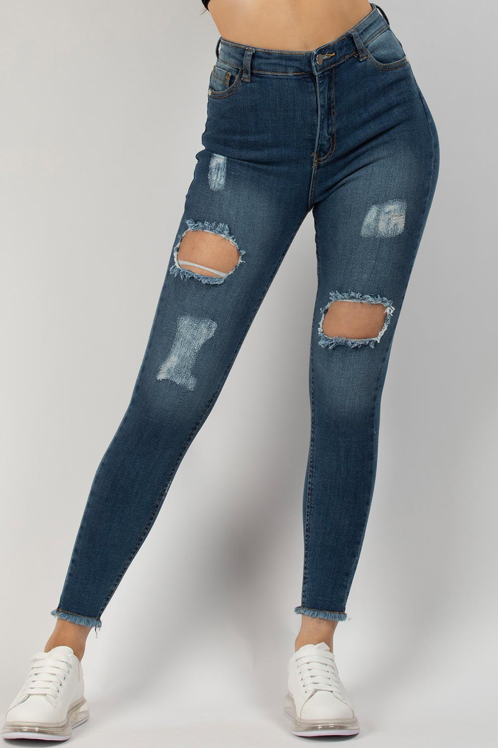 Dark Blue High Waisted Ripped Frayed Hem Jeans – Styledup.co.uk