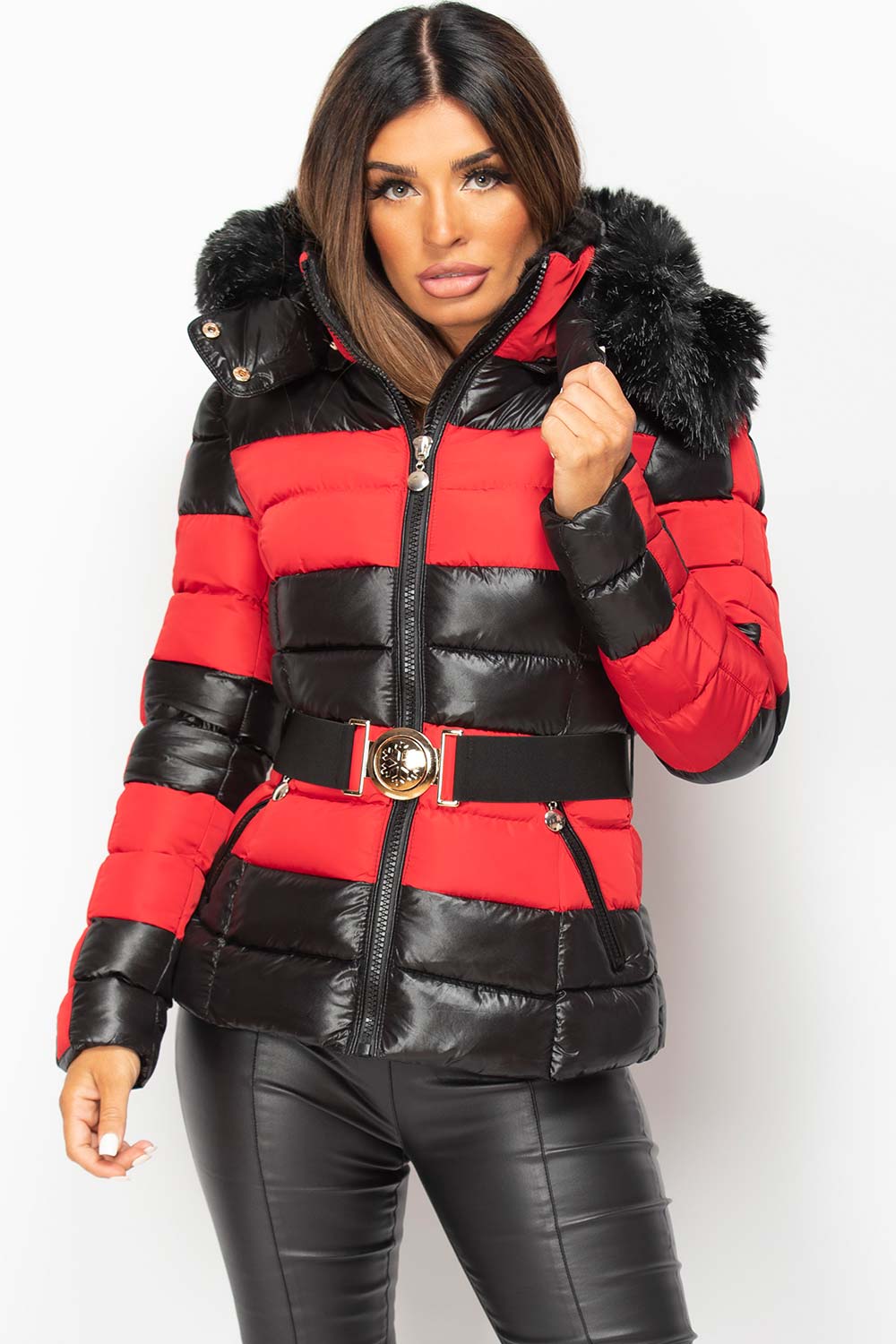 red puffer coat with black fur hood