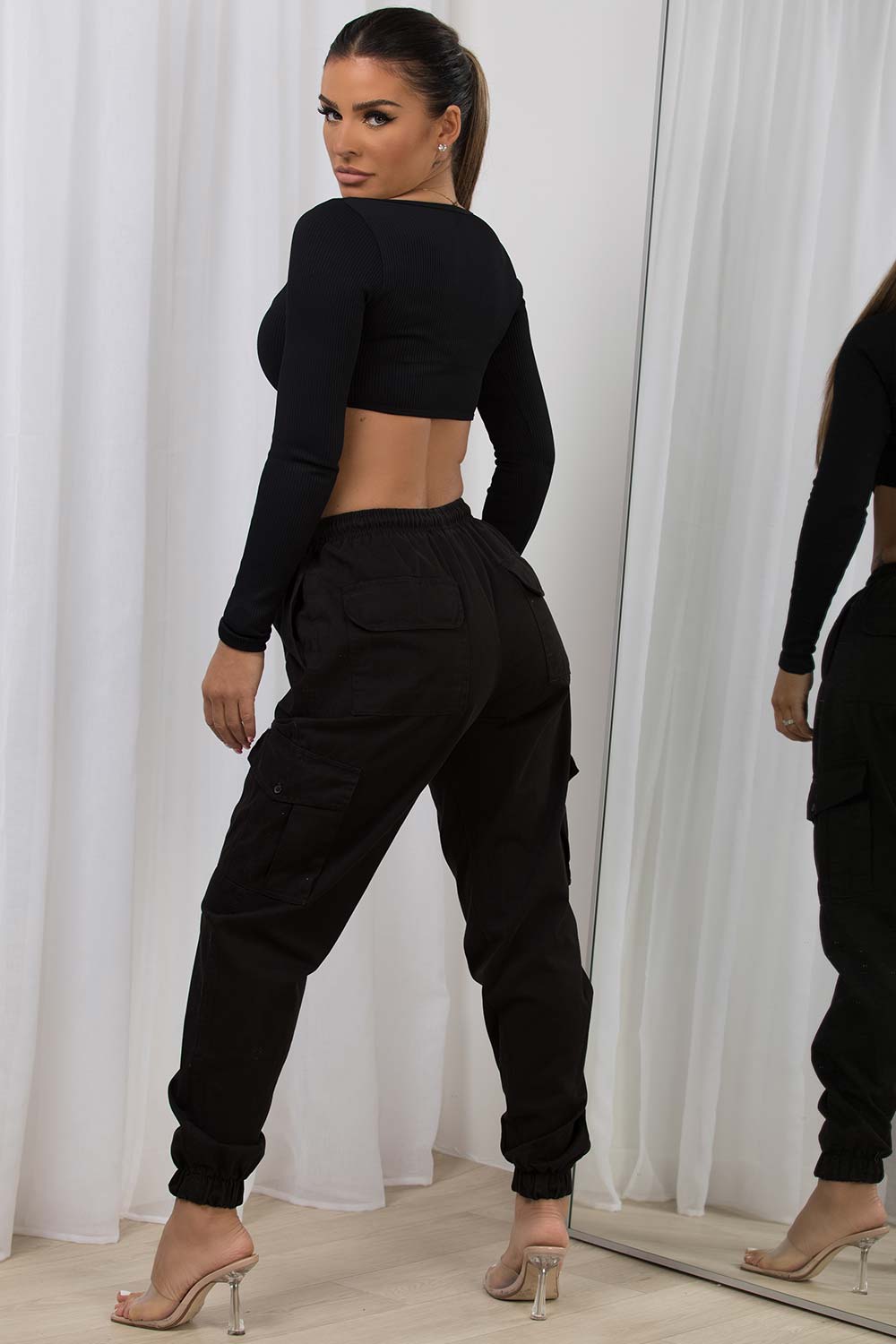 Women's Cargo Trousers With Cuffed Bottoms Black – Styledup.co.uk