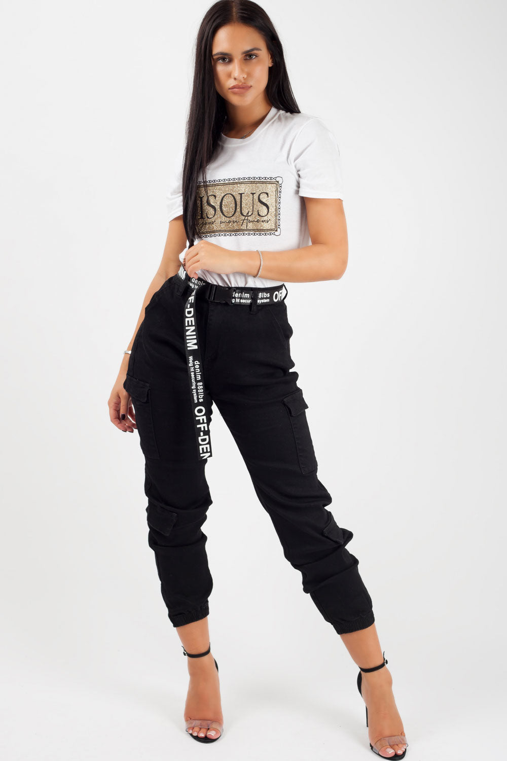Black Cargo Trousers With Buckle Belt 