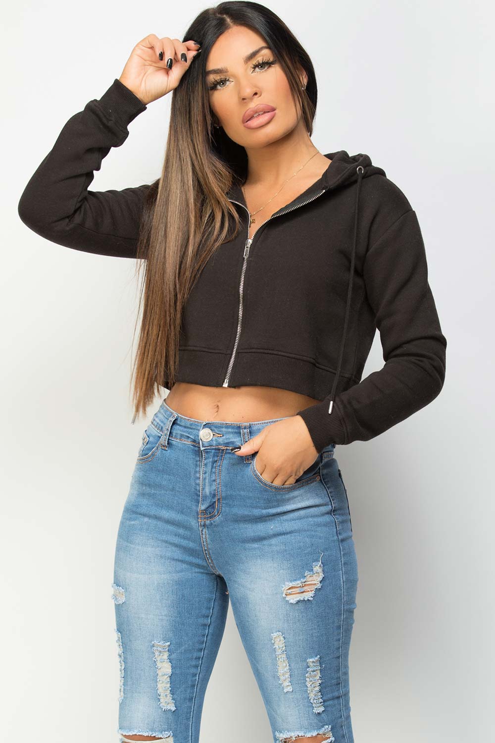 Womens Cropped Zip Up Hoodie Black Crop Sweatshirt – Styledup.co.uk