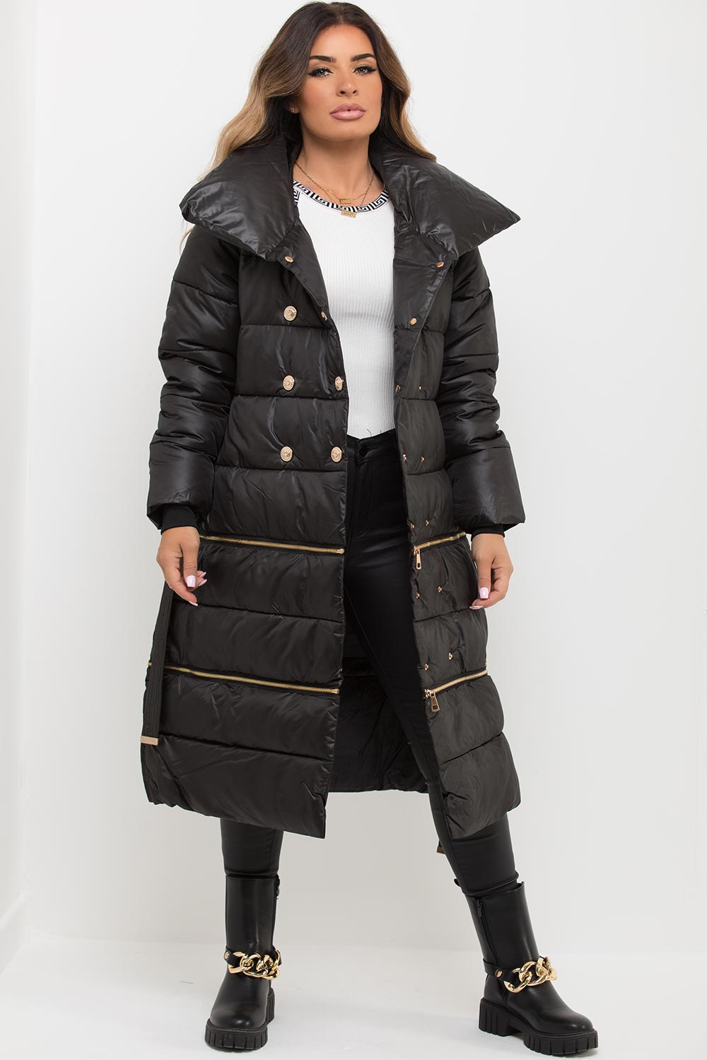 Black Longline Puffer Coat With Gold Buttons Duvet Jacket – Styledup.co.uk