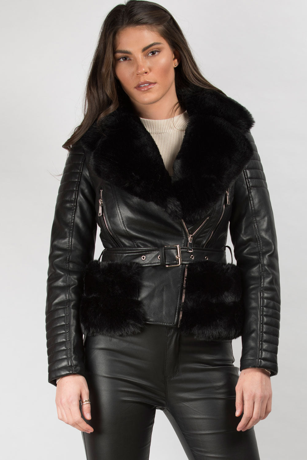 Black Faux Fur Faux Leather Belted Jacket Biker Style – Styledup.co.uk