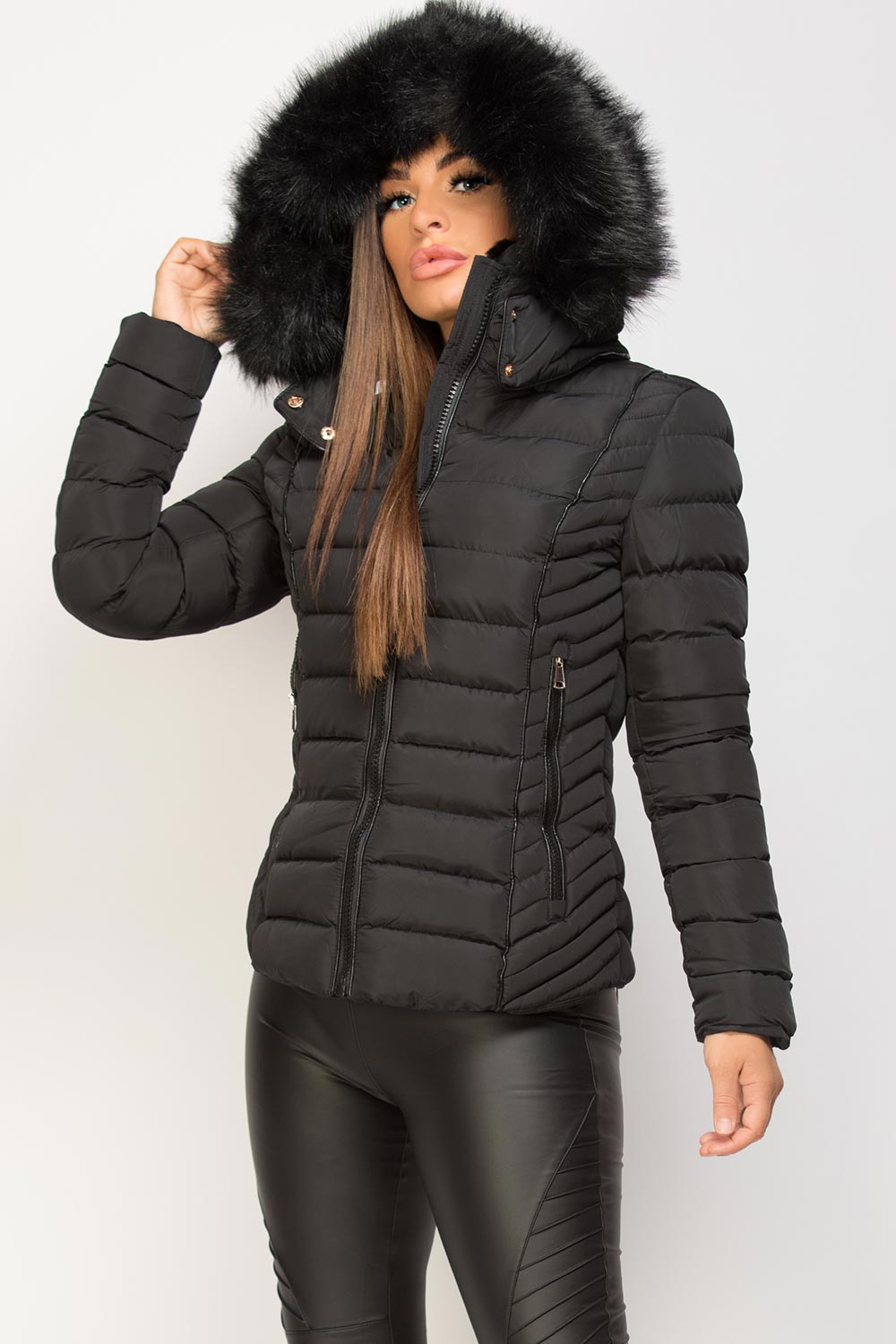 Womens Black Puffer Jacket With Faux fur Hood And Quilted Detail