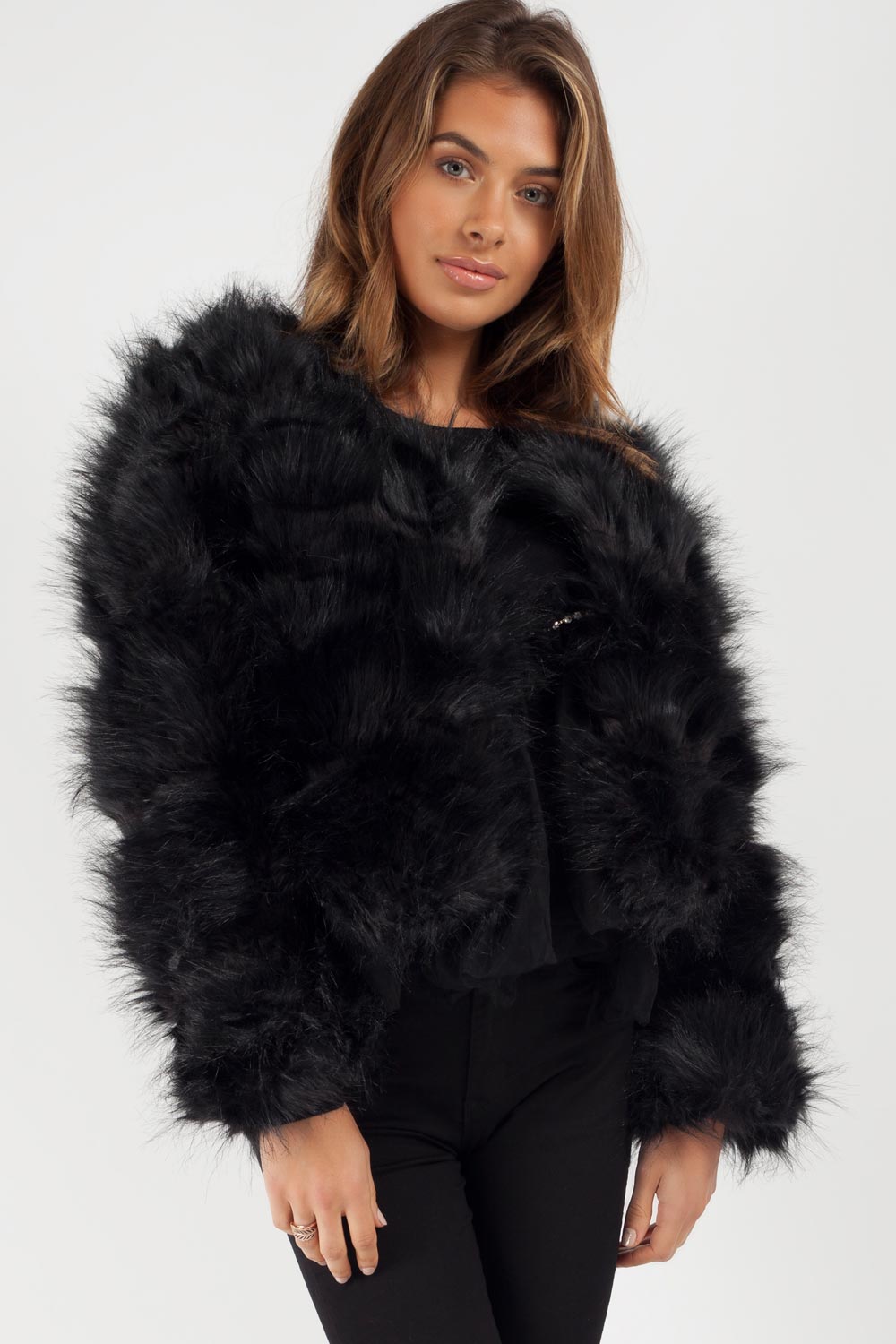 Black Shiny Puffer Faux Fur Hood Coat Uk