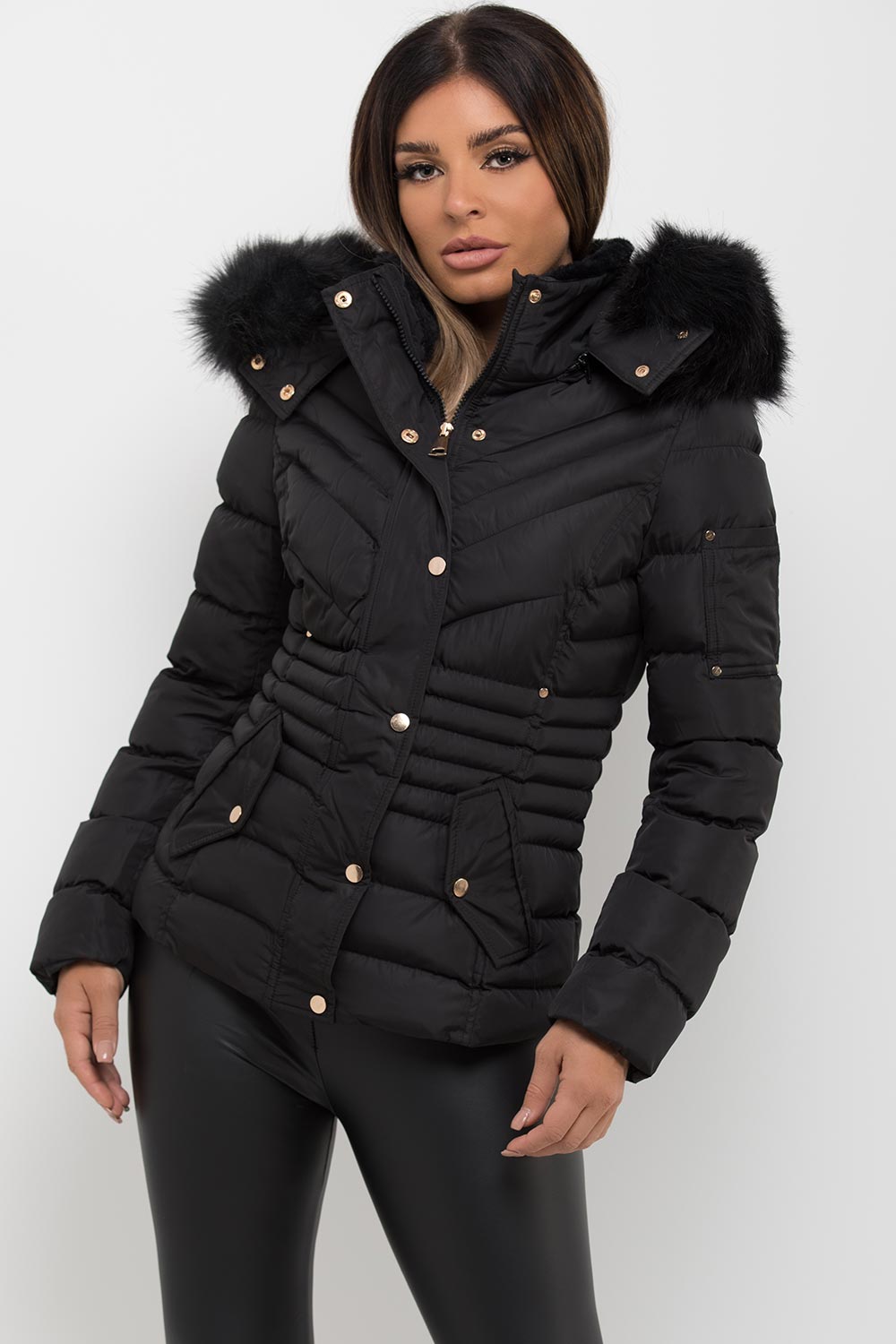 Womens Black Puffer Coat With Fur Hood – Styledup.co.uk
