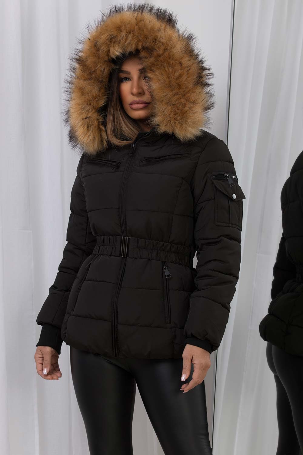Women's Faux Fur Hood Puffer Jacket With Belt Black – Styledup.co.uk