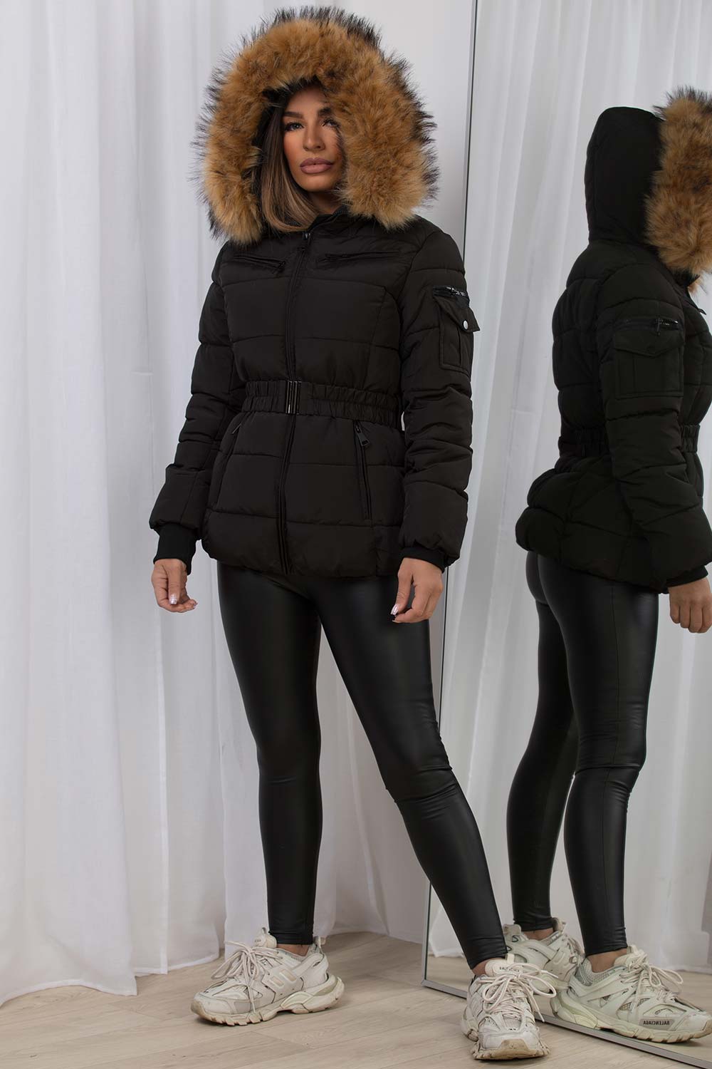 Women's Faux Fur Hood Puffer Jacket With Belt Black – Styledup.co.uk