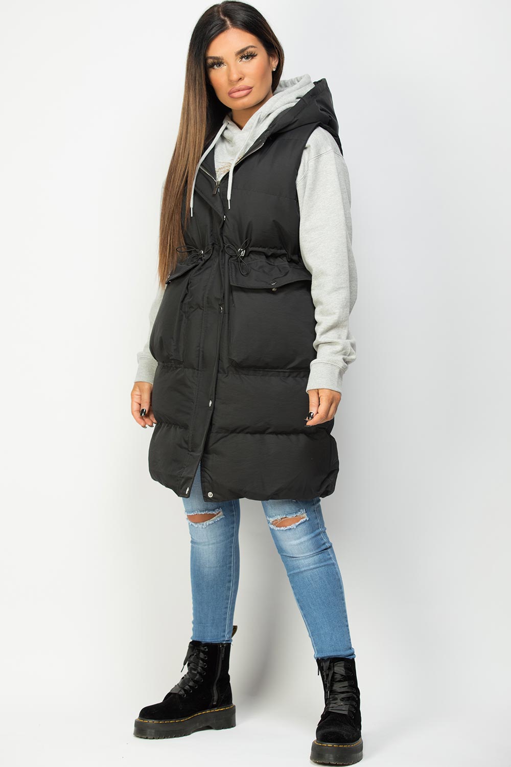 Womens Black Padded Gilet With Drawstring Waist Longline – Styledup.co.uk