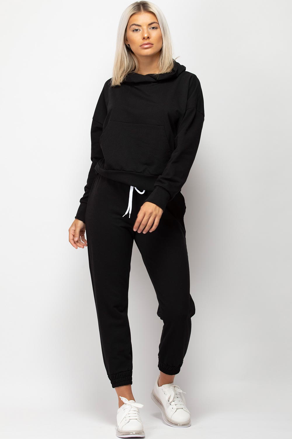 Womens Black Hooded Loungewear Set Hoodie And joggers Tracksuit Co-Ord
