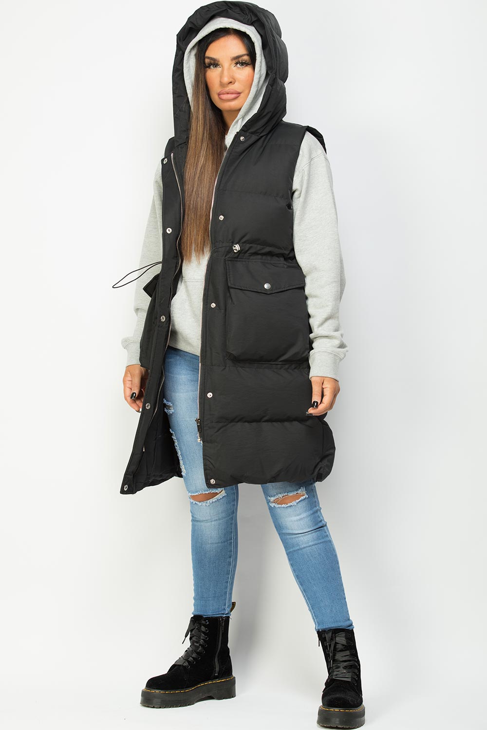 Womens Black Padded Gilet With Drawstring Waist Longline – Styledup.co.uk