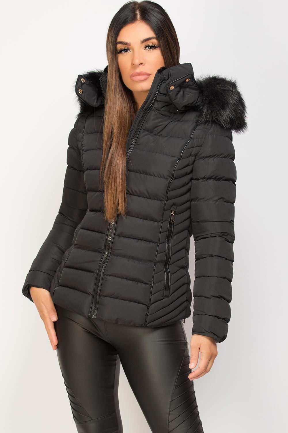 Womens Black Puffer Jacket With Faux fur Hood And Quilted Detail