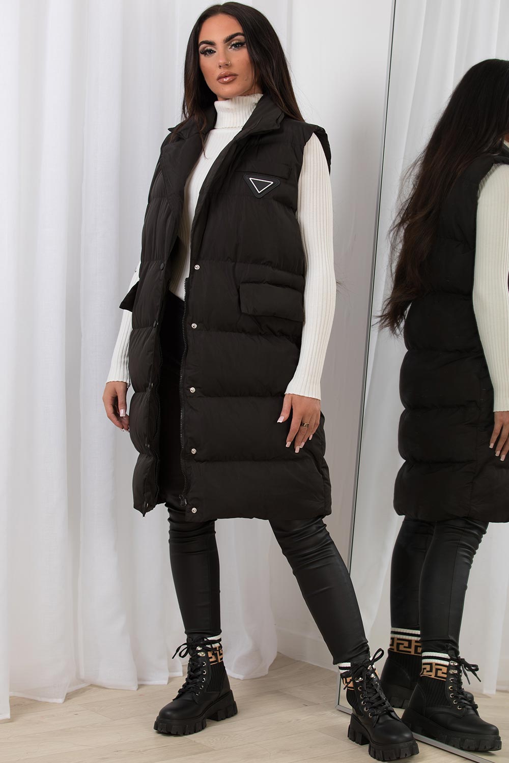 Black Long Puffer Gilet With Lapel Collar & Belt – Styledup.co.uk