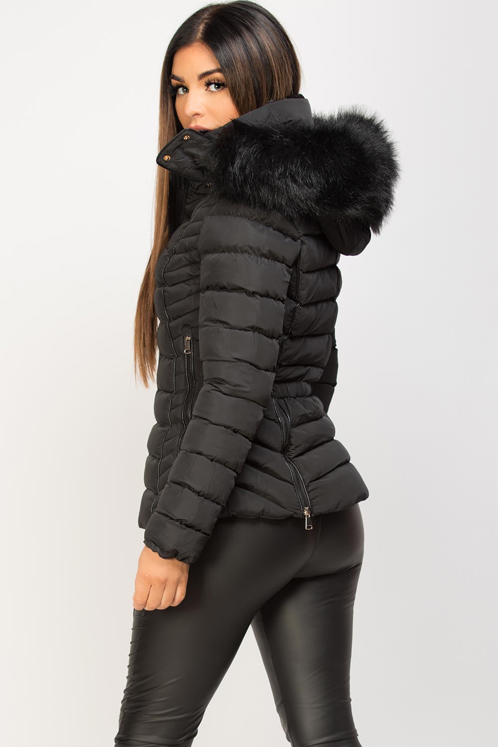 Womens Black Puffer Jacket With Faux fur Hood And Quilted Detail