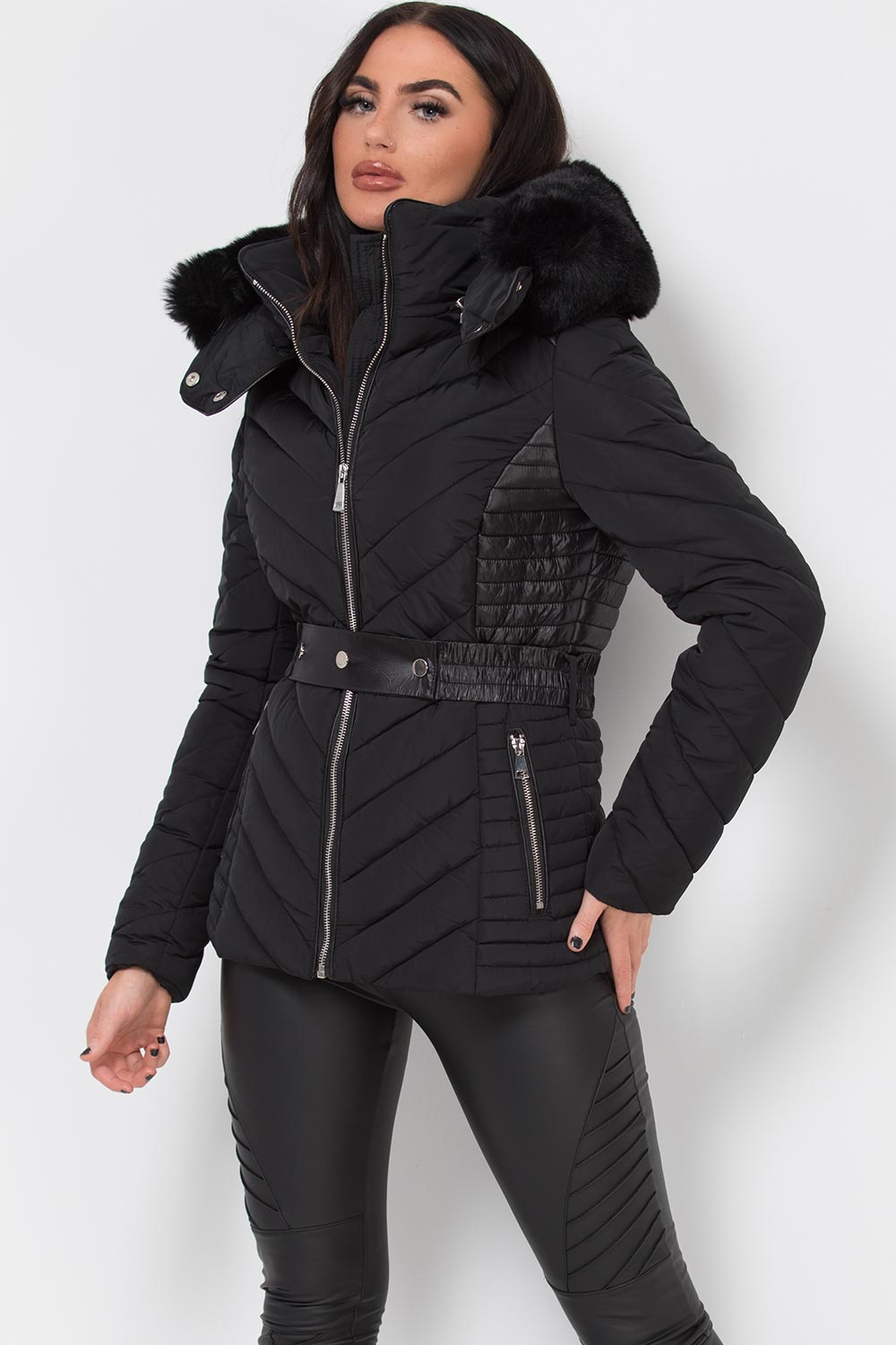 Women's Black Puffer Quilted Jacket With Faux Fur Hood And Belt ...