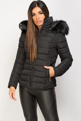 Womens Black Puffer Jacket With Faux fur Hood And Quilted Detail ...