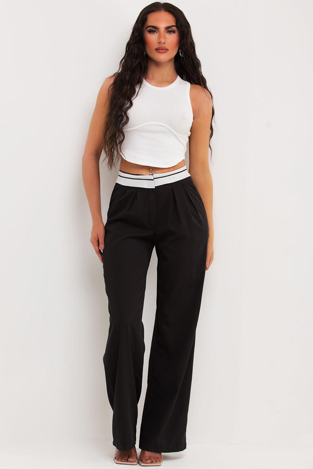 Women's Reverse Waistband Wide Leg Trousers Black – Styledup.co.uk