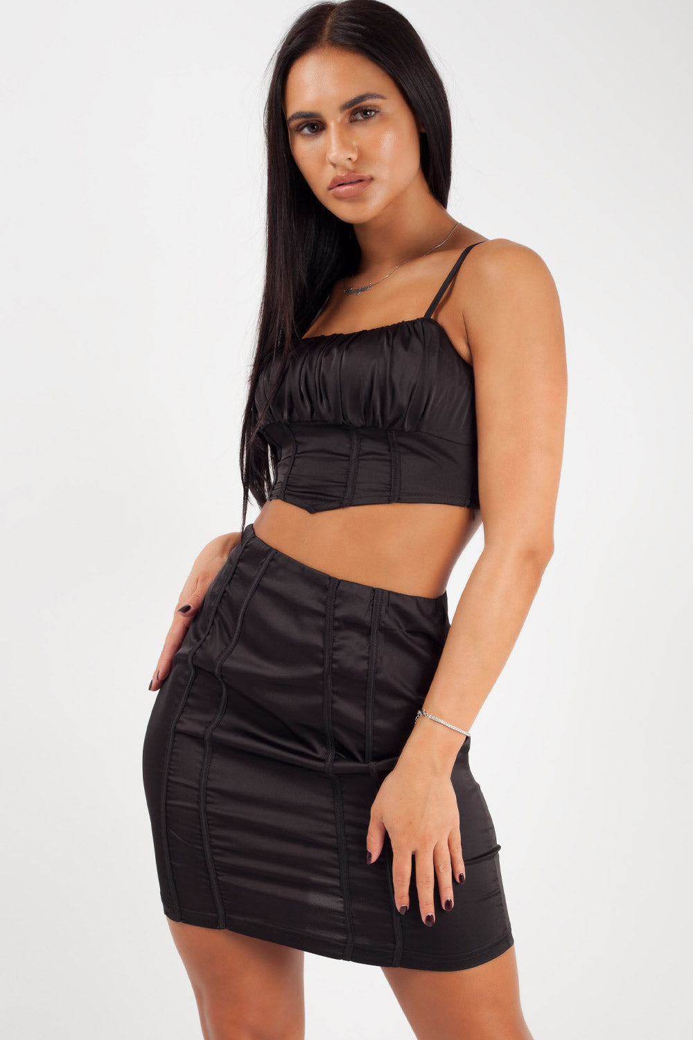 Black Satin Crop Top Mini Skirt Co-Ord Set Party Outfit – 