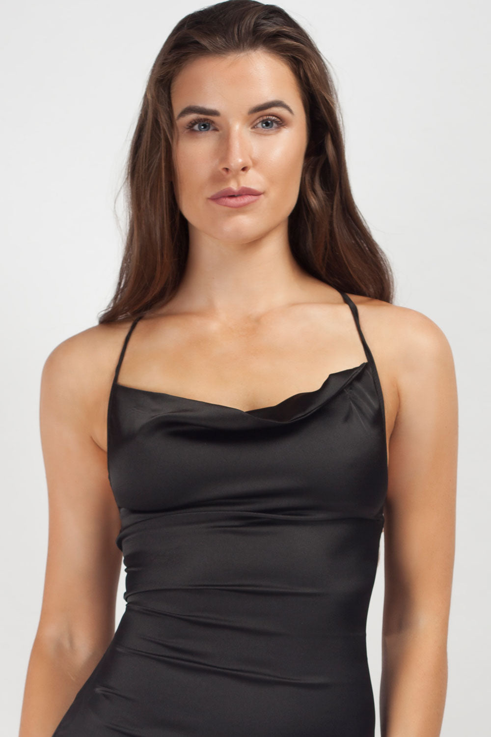 Black Satin Cowl Neck Mini Dress Size 6 12 Uk 4328