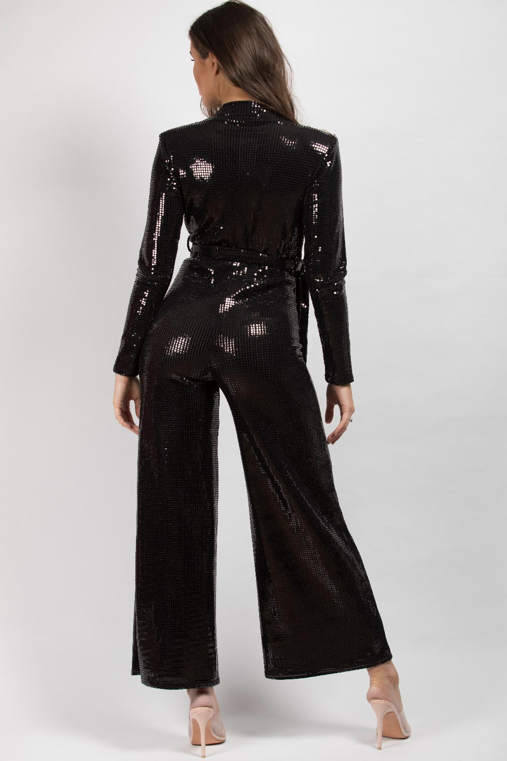 Sequin Plunge Wide Leg Jumpsuit Black – Styledup.co.uk