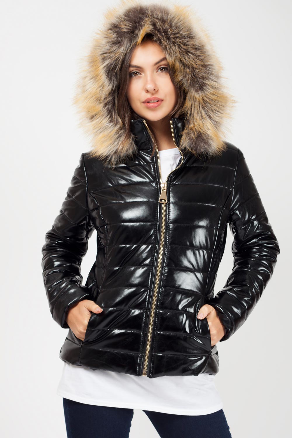 Black Shiny Puffer Faux fur Hood Coat 