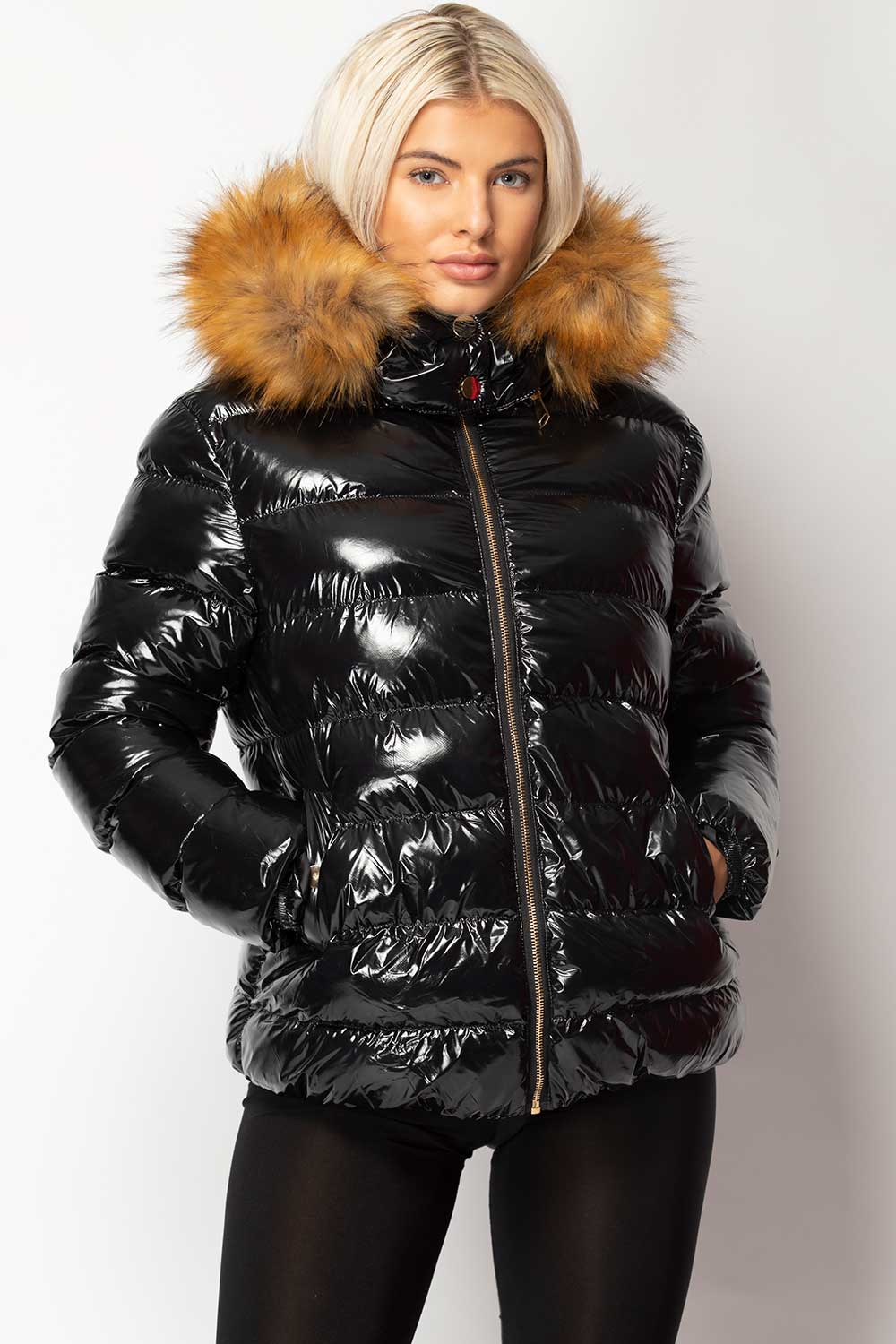 Black Shiny Puffer Jacket With Chunky Fur Hood On Sale – Styledup.co.uk