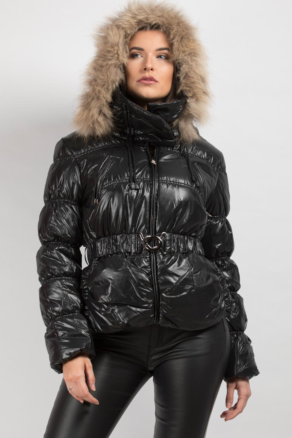 Shiny Puffer Coat With Fur Hood Belted – Styledup.co.uk